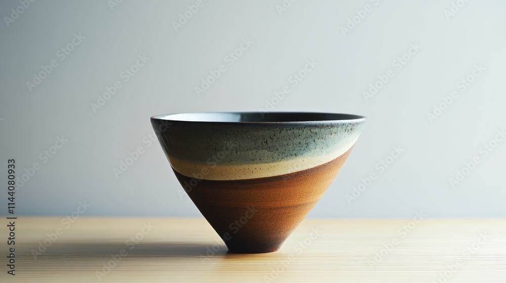 Aufkleber handcrafted pottery bowl with a unique design showcasing earthy color gradients on a wooden surface 