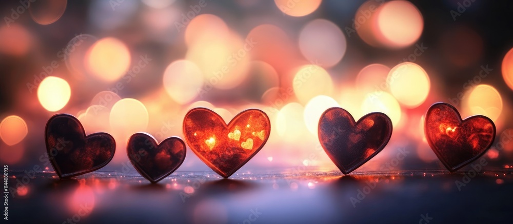 Poster Bokeh heart shapes in various sizes on a colorful blurred background for romantic or festive themes