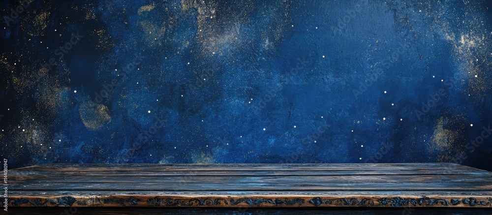 Poster dark blue wooden table backdrop with ornate borders and a textured surface for creative photography 