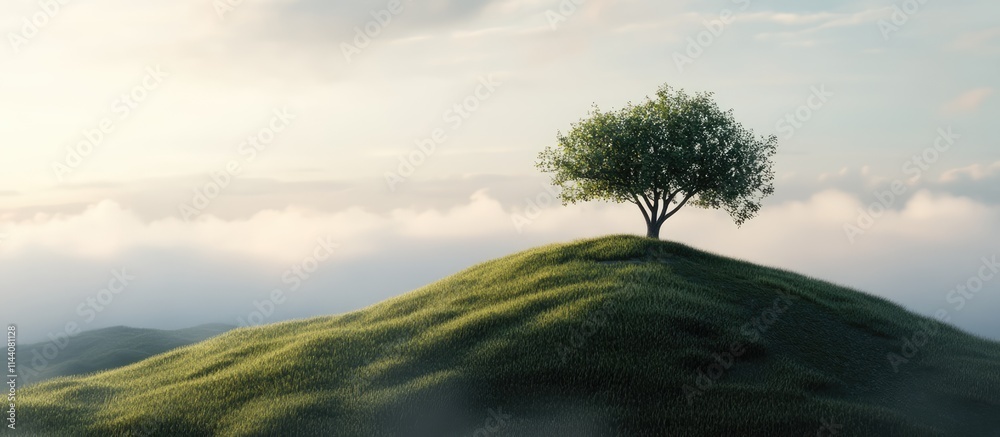 Aufkleber lone tree atop a lush green hill with soft clouds in the background under a gentle sky during early 