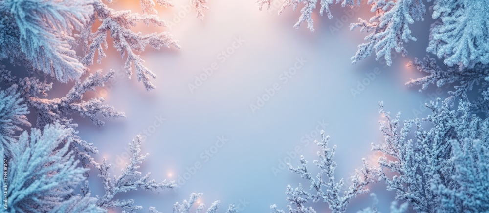 Poster Winter holiday concept with snowy trees and soft lights creating a serene greeting card background with ample copyspace for messages
