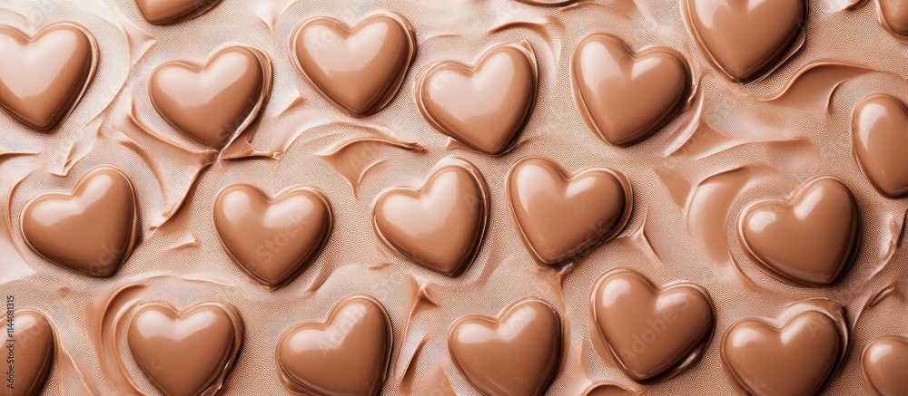Poster heart shaped milk chocolates delicately arranged on a smooth chocolate background conveying love and