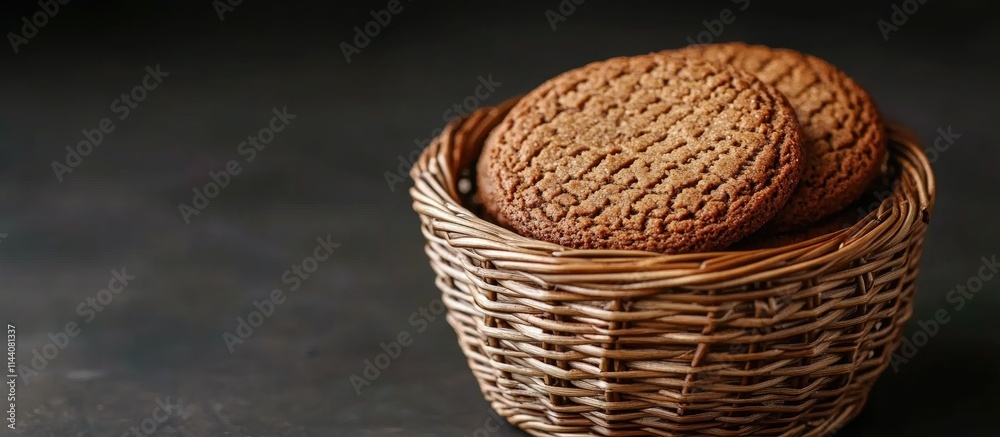 Poster homemade gingerbread cookies in a wicker basket with a customizable card for festive celebrations or