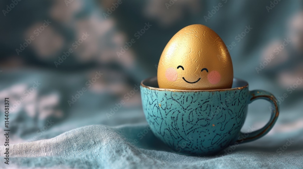 Aufkleber handmade golden egg with a smiling face in a blue cup on a soft textile background showcasing a whim
