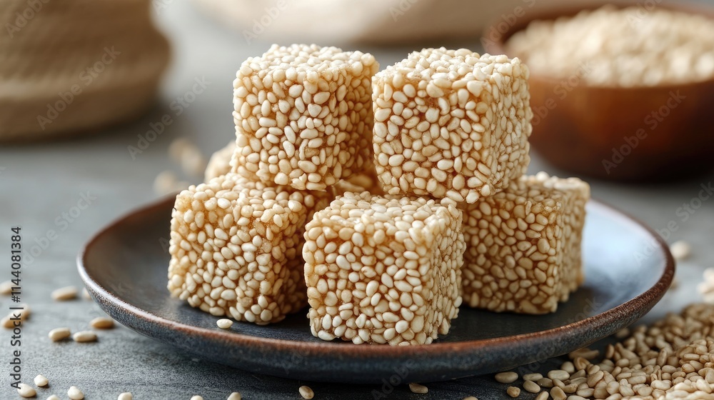 Poster Sesame candy cubes on a plate showcasing their crispy texture and nutritious appeal in a rustic setting