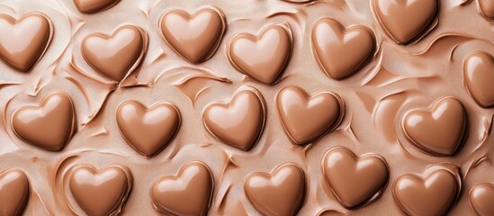 Fototapeta premium Heart shaped milk chocolates delicately arranged on a smooth chocolate background conveying love and indulgence in a delightful treat setting