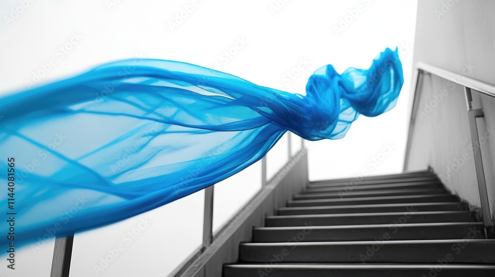 Fototapete Flowing blue fabric on a handrail against a soft background creating a serene and tranquil atmosphere on a stairway.