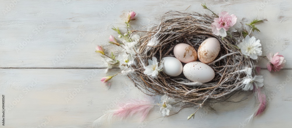 Poster rustic still life of eggs nestled in a bird nest with pink and white flowers on a weathered wooden s