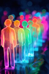 A group of people are lined up in a row, each one in a different color. Concept of unity and diversity, as the people are all unique but still part of the same group