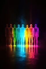 Fototapeta premium A group of people are standing in a room with a rainbow of colors. The people are all different colors, and they are all standing in a line. Scene is bright and colorful