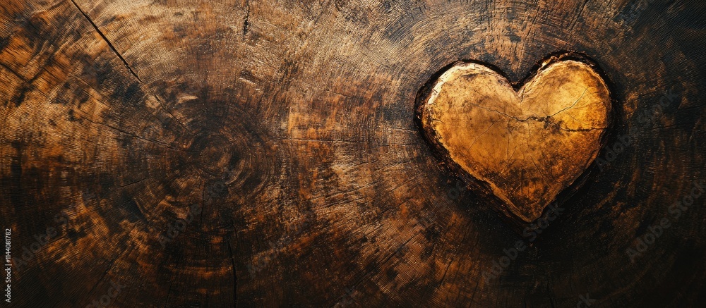Poster golden heart symbol on rustic wooden background conveying warmth and affection in an artistic textur