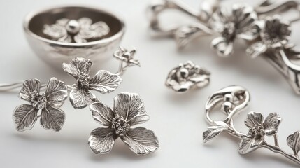 Fototapeta premium Intricate handmade silver jewelry featuring floral designs elegantly displayed on a white background