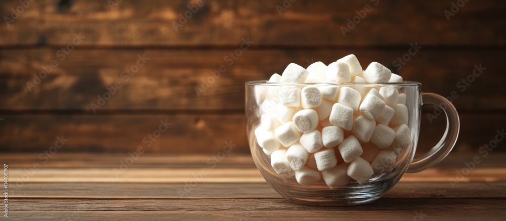 Aufkleber hot cocoa topped with fluffy marshmallows in a transparent glass cup on a rustic wooden table backgr