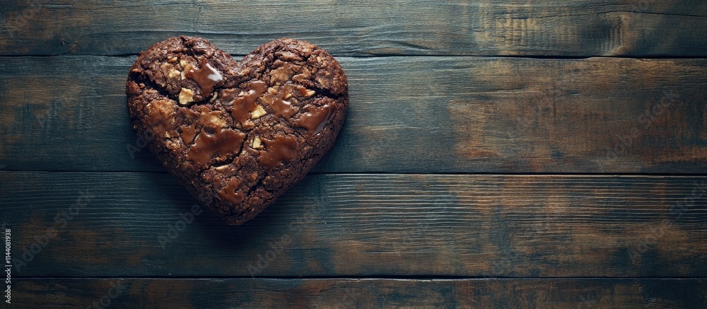 Poster Heart shaped chocolate dessert on rustic wooden table with ample copy space for text or design elements