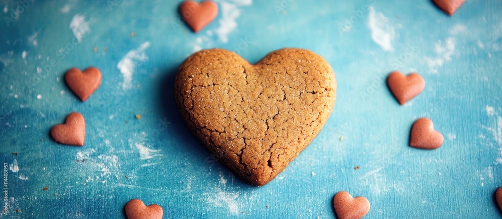 Poster Heart shaped cookie surrounded by small heart decorations on a blue textured background creating a romantic and festive atmosphere