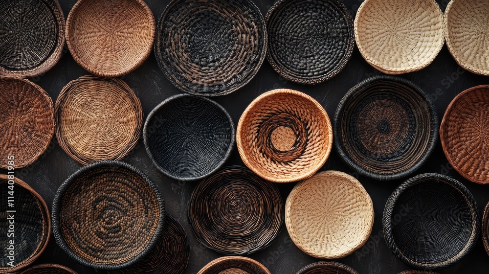 Poster Handcrafted wicker baskets in various colors and patterns arranged on a dark background showcasing traditional weaving techniques and artistry