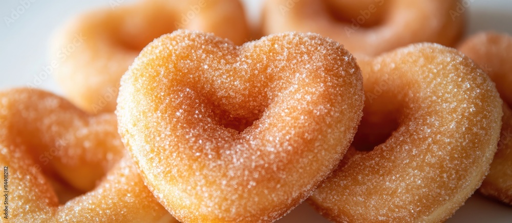 Poster Heart-shaped donuts arranged closely with a smooth texture displayed on a clean white background perfect for desserts and celebration themes