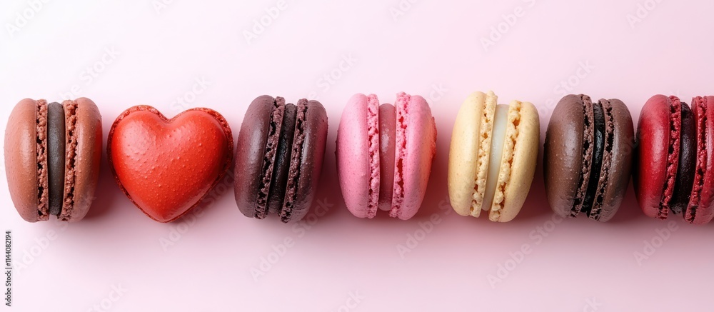 Poster heart shaped colorful macaroons arranged in line on a pink background representing love and celebrat