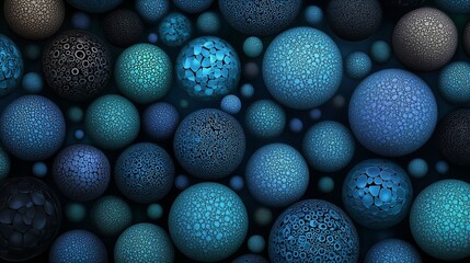 Abstract composition of textured spheres in varying shades of blue.