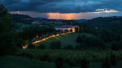 Tuscan Hillscape at Night: Dramatic Lightning Storm Over Italian Countryside. AI Generated