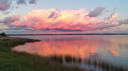 Fototapeta premium Vibrant pink clouds at sunset over a calm ocean, reflections in the water, serene and peaceful, nature's beauty at its finest