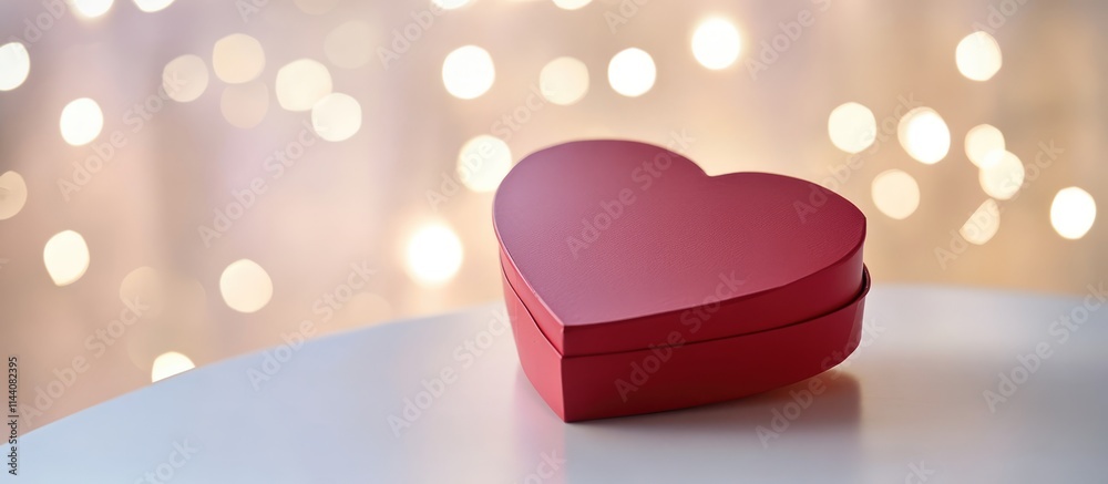 Poster heart shaped red cardboard gift box on a white table with bokeh festive backdrop for romantic occasi