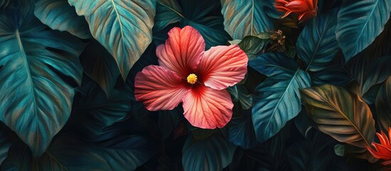Vibrant Hibiscus Flower Surrounded by Lush Green Leaves in a Tropical Setting