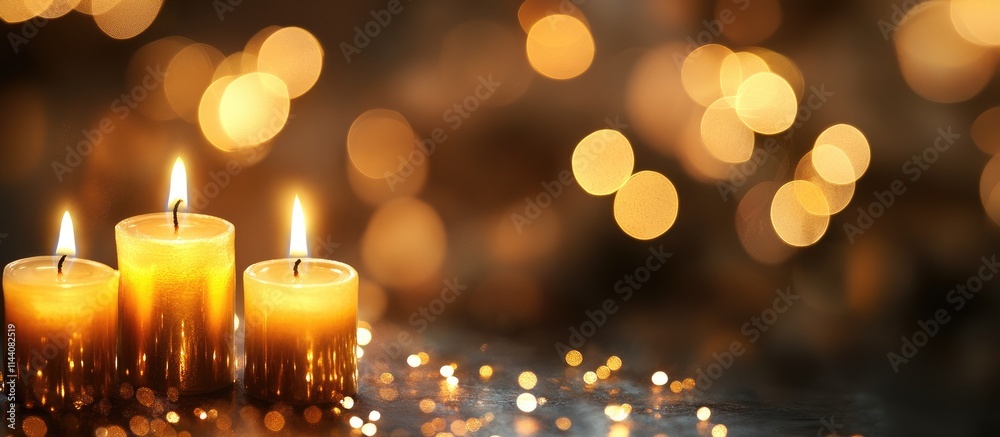 Poster Hanukkah menorah with glowing golden candles surrounded by enchanting bokeh lights creating a warm festive atmosphere