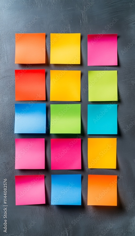 Poster wall covered in colorful sticky notes. the notes are arranged in a grid, with each one a different c