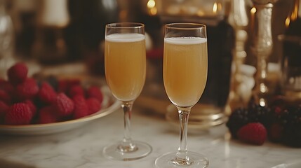 Two champagne flutes filled with a peach-colored bubbly drink, next to raspberries and blackberries on a marble table with candles.