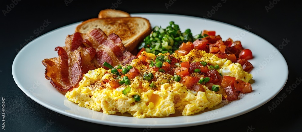 Poster Scrambled eggs with bacon toast and fresh vegetables on a white plate against a dark background for a nutritious breakfast scene