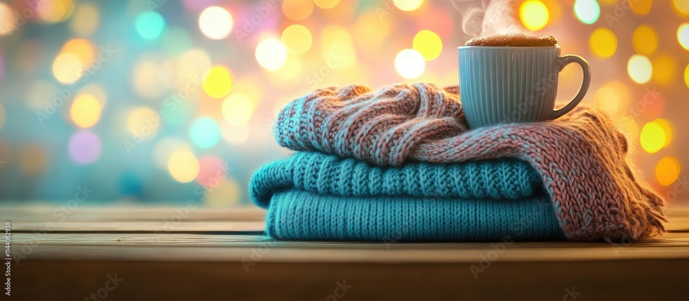 Poster cozy hot cocoa with stacked wool sweaters on a wooden table against a vibrant bokeh background festi