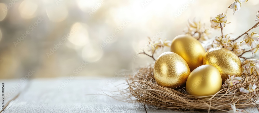 Aufkleber elegant easter greeting card background with golden eggs in a nest surrounded by catkins on a rustic