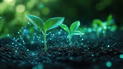 Green seedlings glowing digital network connections symbolizing innovation agriculture where advanced data technologies smart farming systems enhance plant growth sustainability