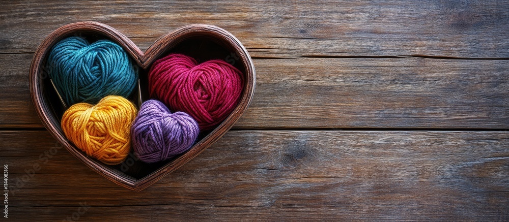 Poster heart shaped container with vibrant yarn skeins and hooks on wooden surface creating a cozy crafting