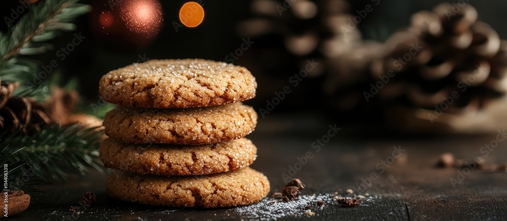 Aufkleber homemade cookies stacked on a rustic table with holiday decorations and pine cones creating a cozy f