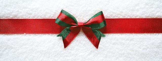 Cozy Christmas Background with Red and Green Ribbons and Bows in Snowy Setting