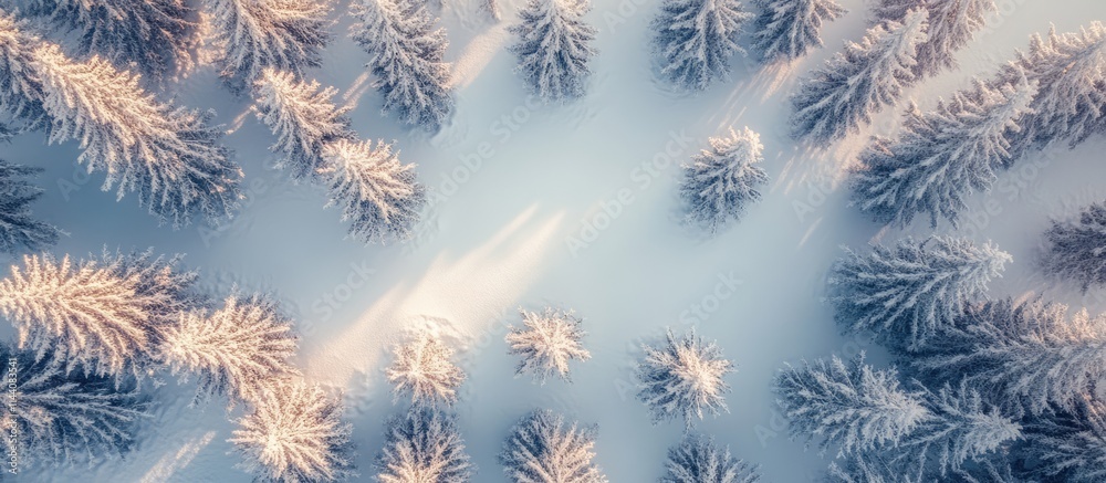 Aufkleber Winter landscape with snow-covered trees in a serene top view creating a peaceful greeting card template for holiday concepts
