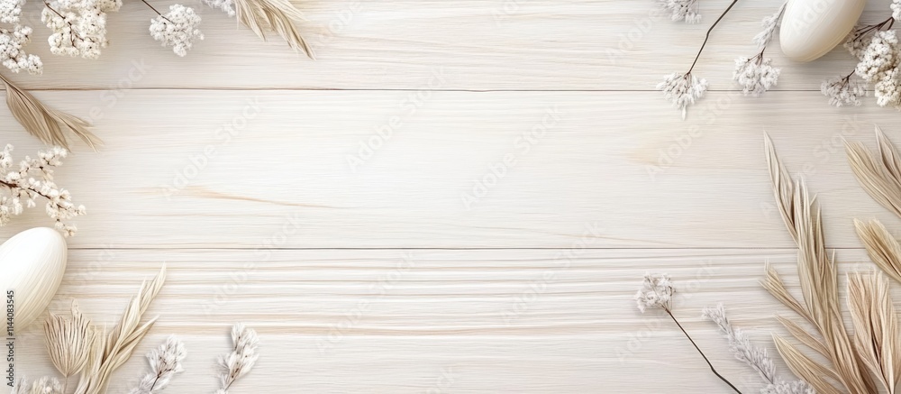 Poster elegant easter greeting card template with pastel decorations on a light wooden background featuring