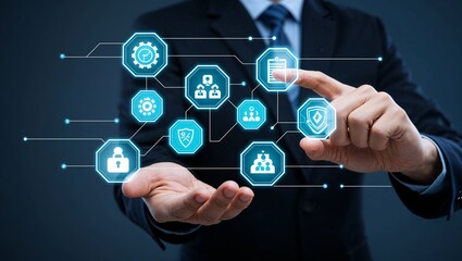 Hand Interacting with Futuristic Digital Interface, Demonstrating Advanced Technology, Seamless Integration, and Cutting-Edge Innovation in a High-Tech, Interactive Digital Environment