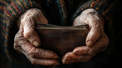 Hands of an elderly woman, deeply wrinkled and worn, holding onto an old wallet, symbolizing a life of hardship, perseverance, and scarcity.