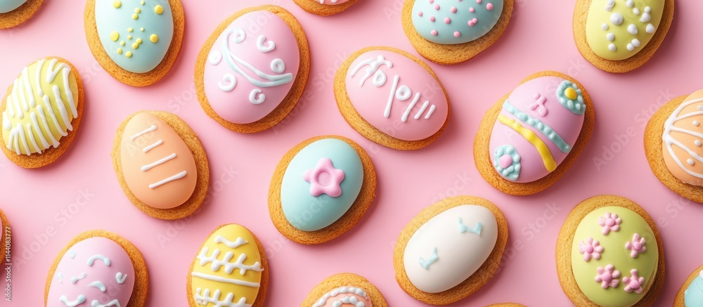 Poster easter themed backdrop displaying decorated eggs and cookies in vibrant pastel colors from an overhe