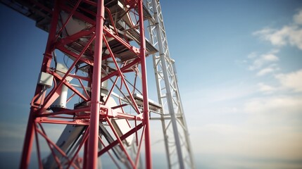Detailed shot of a telecommunication antenna mounted on a sturdy steel lattice tower structure capturing the technical and industrial elements of modern communication infrastructure