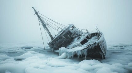 shipwreck in icy ocean, dramatic and mysterious, focus on textures and cold atmosphere, artistic and engaging design