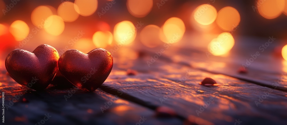 Poster valentine's day hearts on a wooden surface with a blurred bokeh background creating a romantic and f
