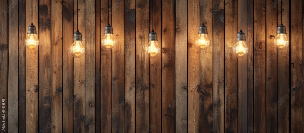 Poster vintage hanging light bulbs illuminated against a rustic wooden backdrop creating a warm and invitin