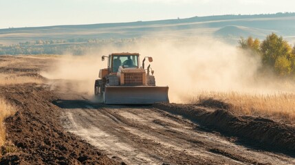 Obraz premium Bulldozer clearing dirt road, making way for new infrastructure, dust billowing in air as blade cuts through soil.