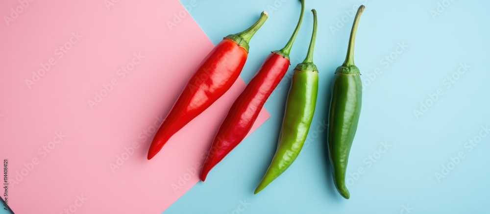 Poster chili peppers in vibrant red and green next to pink paper on a light blue background creating a colo