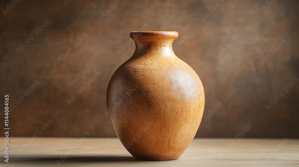 Poster handcrafted vintage ceramic vase with smooth texture on a rustic wooden surface against a soft brown