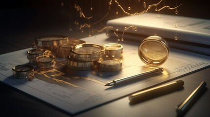 Fototapeta premium Gold coins stacked on financial chart with magnifying glass and pen.